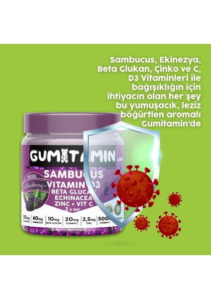 Sambucus Multivitamin Karamürver, Vitamin C+D3, Çinko, Beta Glukan Doğal Böğürtlen Aromalı