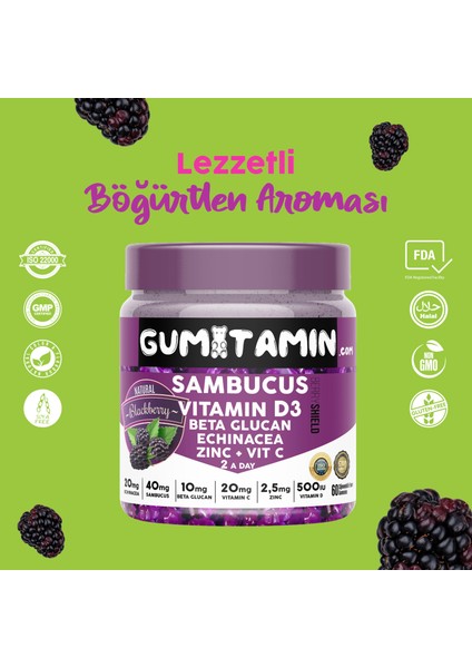 Sambucus Multivitamin Karamürver, Vitamin C+D3, Çinko, Beta Glukan Doğal Böğürtlen Aromalı