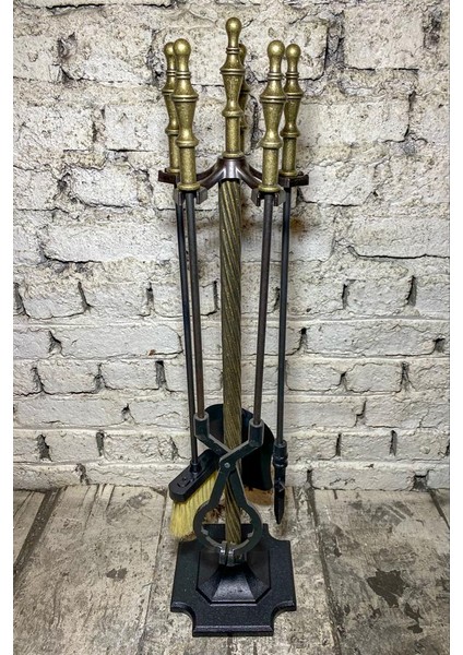 Marpuç Başlı Antik Bronz Şömine Maşa Takımı