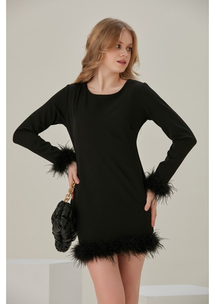 Noir Bleuet Siyah Kol ve Etek Ucu Tüylü Kadın Elbise modelleri