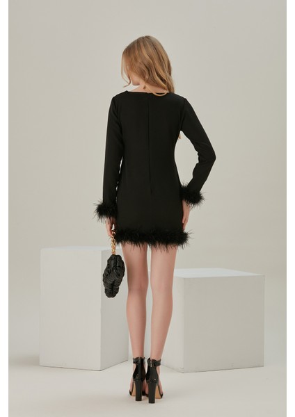 Noir Bleuet Siyah Kol ve Etek Ucu Tüylü Kadın Elbise indirimleri