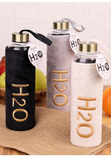 H2O Pelus Kılıflı Cam Matara 600 ml Gold SIYAH-H2O88609