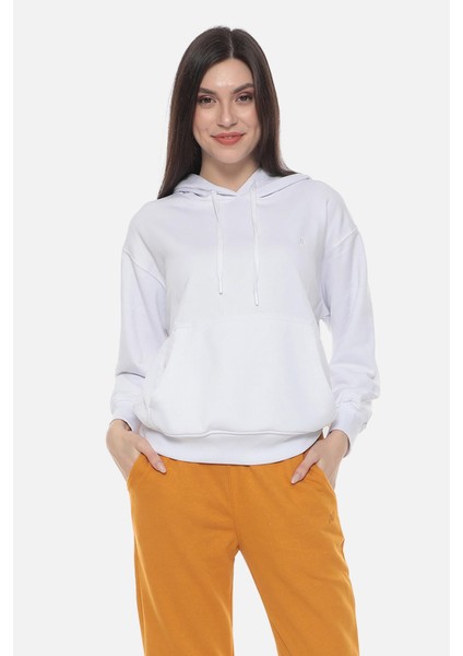 Kadın Üç Iplik Oversize Kapüşonlu Beyaz Sweatshirt