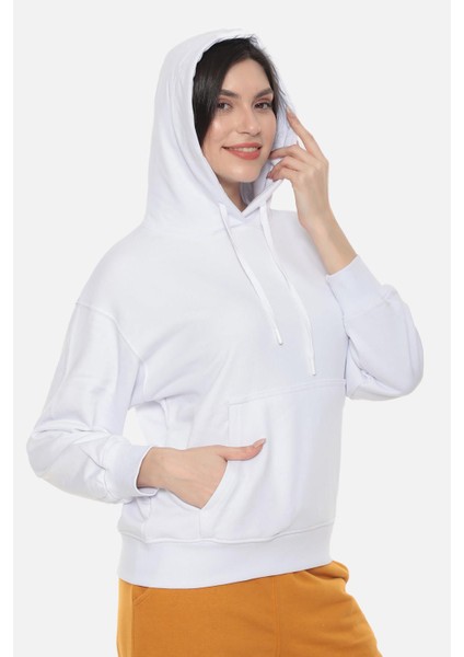 Kadın Üç Iplik Oversize Bisiklet Yaka Beyaz Sweatshirt