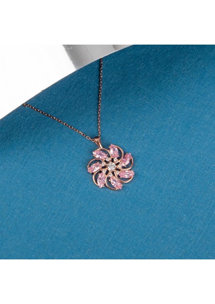 Pembe Zirkon Taşlı Rose Renk 925 Ayar Gümüş Rüzgar Gülü Kadın Kolye