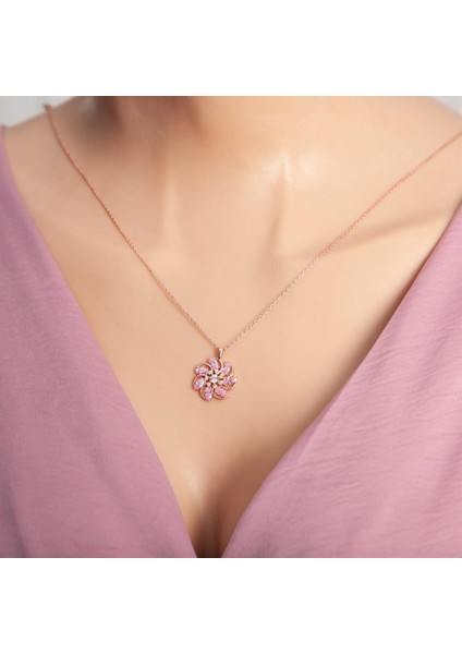 Pembe Zirkon Taşlı Rose Renk 925 Ayar Gümüş Rüzgar Gülü Kadın Kolye fiyatları