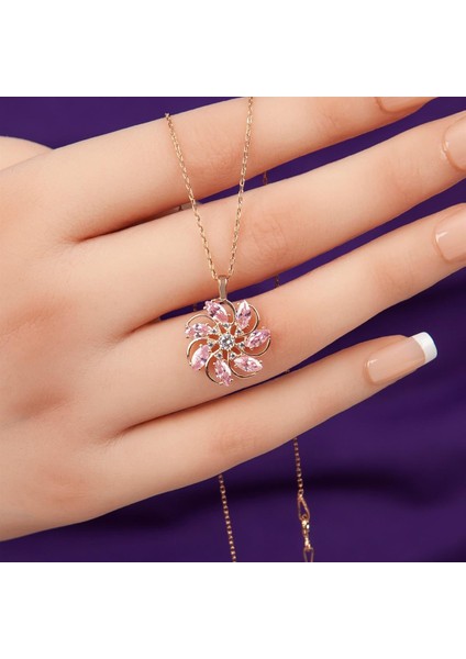 Pembe Zirkon Taşlı Rose Renk 925 Ayar Gümüş Rüzgar Gülü Kadın Kolye modelleri
