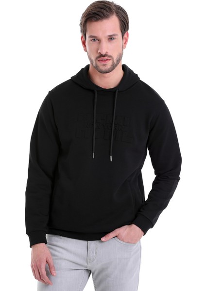 Siyah Regular Fit Düz Kanguru Cep Kapüşonlu Sweatshirt