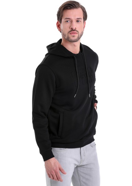 Siyah Regular Fit Düz Kanguru Cep Kapüşonlu Sweatshirt