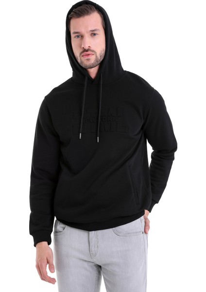 Siyah Regular Fit Düz Kanguru Cep Kapüşonlu Sweatshirt