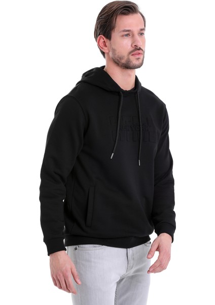 Siyah Regular Fit Düz Kanguru Cep Kapüşonlu Sweatshirt