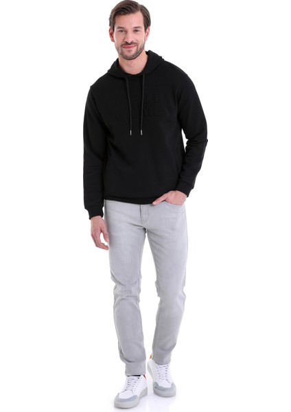 Siyah Regular Fit Düz Kanguru Cep Kapüşonlu Sweatshirt