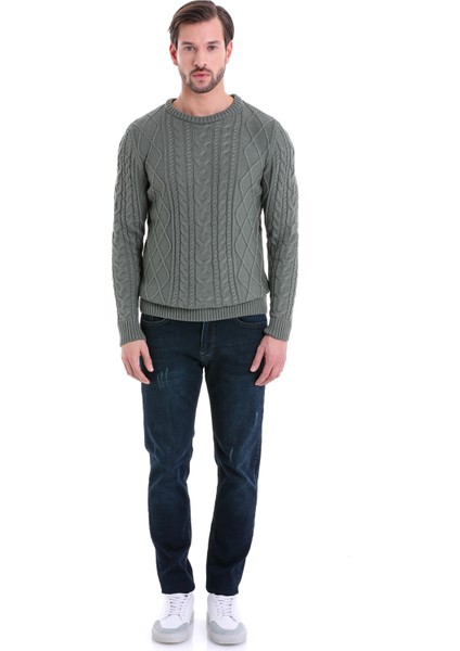 Yeşil Regular Fit Desenli Bisiklet Yaka Pamuklu Triko Kazak fırsatları