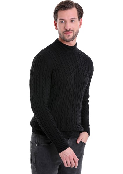 Siyah Regular Fit Desenli Yarım Balıkçı Yaka Pamuklu Triko Kazak modelleri