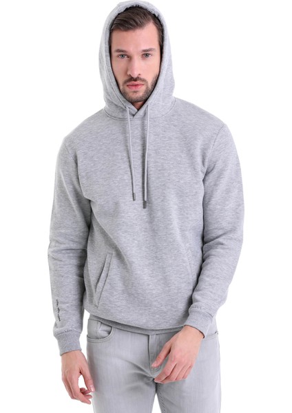 Gri Regular Fit Düz Kanguru Cep Kapüşonlu Sweatshirt