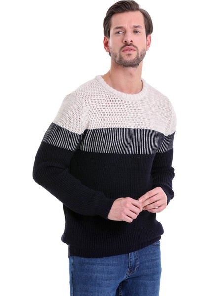 Lacivert Regular Fit Çizgili Bisiklet Yaka Triko Kazak modelleri