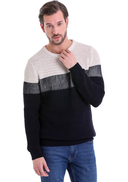 Lacivert Regular Fit Çizgili Bisiklet Yaka Triko Kazak fırsatları