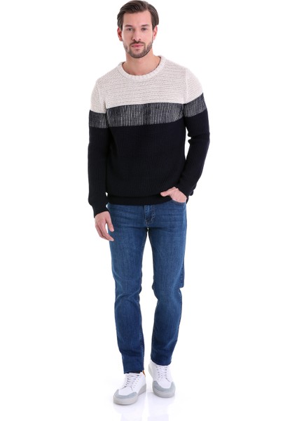 Lacivert Regular Fit Çizgili Bisiklet Yaka Triko Kazak indirimleri