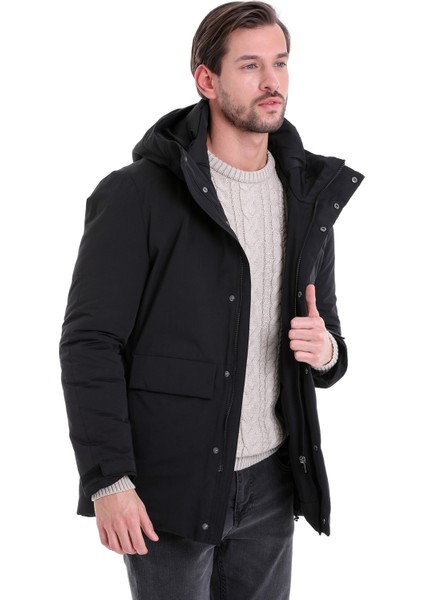 Siyah Slim Fit Düz Kapüşonlu Kaban