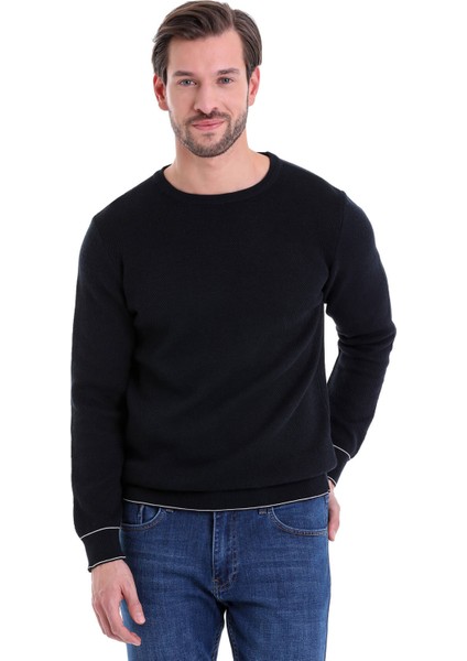 Lacivert Regular Fit Çizgili Bisiklet Yaka Pamuklu Triko Kazak