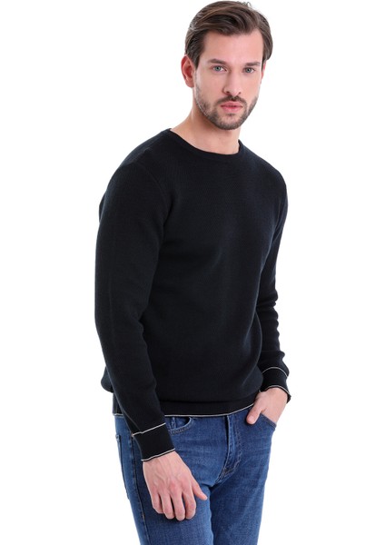 Lacivert Regular Fit Çizgili Bisiklet Yaka Pamuklu Triko Kazak fiyatları