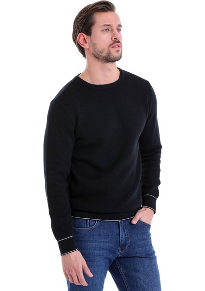 Lacivert Regular Fit Çizgili Bisiklet Yaka Pamuklu Triko Kazak fırsatları