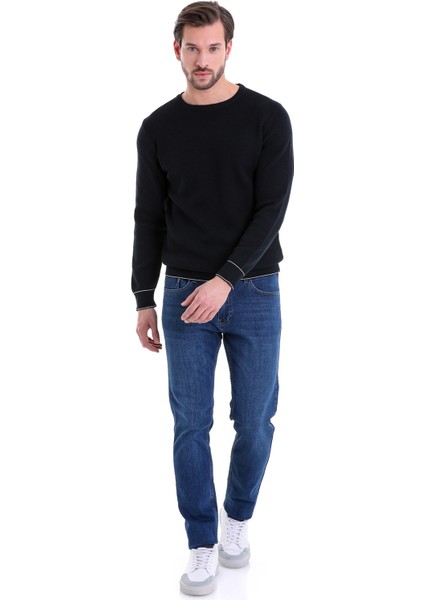 Lacivert Regular Fit Çizgili Bisiklet Yaka Pamuklu Triko Kazak indirimleri