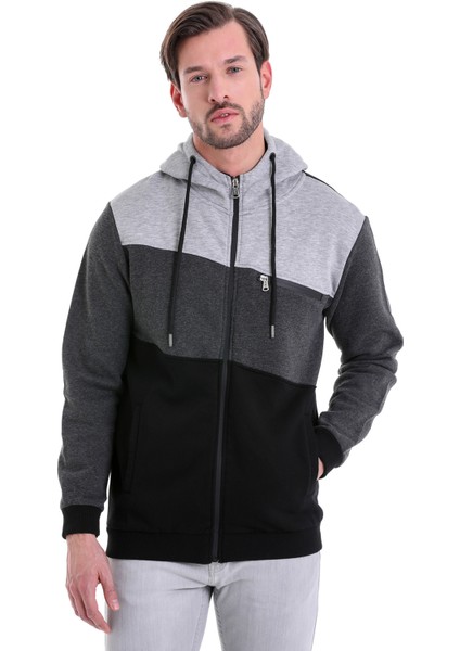 Siyah Regular Fit Düz Kapüşonlu Fermuarlı Sweatshirt