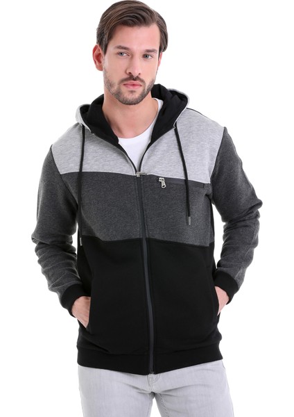 Siyah Regular Fit Düz Kapüşonlu Fermuarlı Sweatshirt