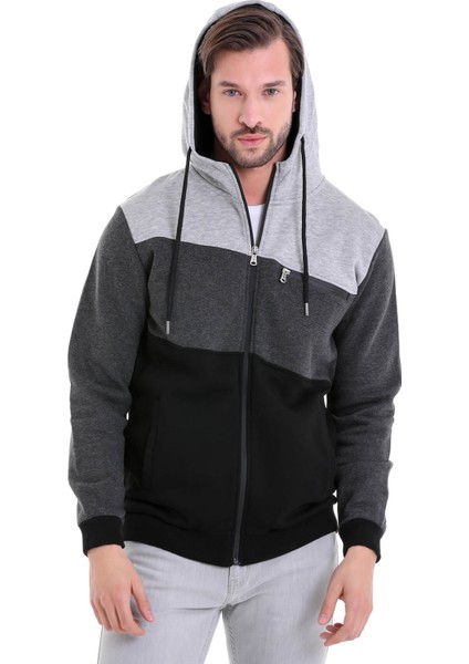 Siyah Regular Fit Düz Kapüşonlu Fermuarlı Sweatshirt