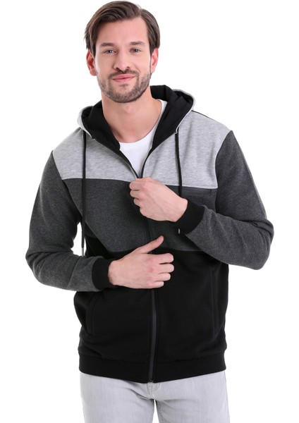 Siyah Regular Fit Düz Kapüşonlu Fermuarlı Sweatshirt