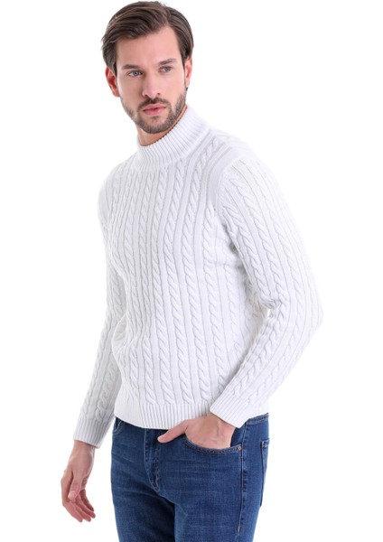 Ekru Regular Fit Desenli Yarım Balıkçı Yaka Pamuklu Triko Kazak modelleri
