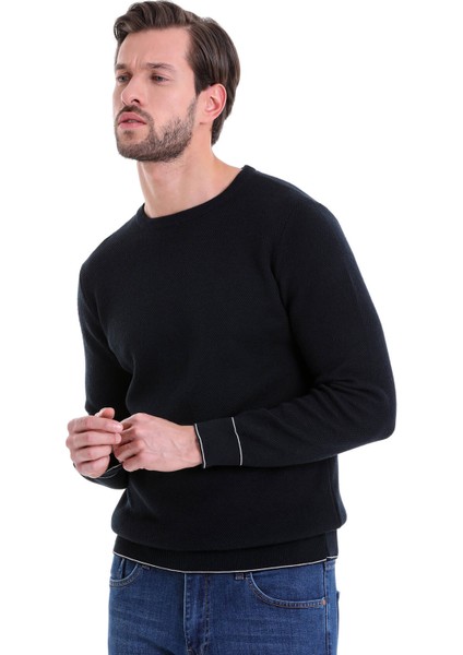 Lacivert Regular Fit Çizgili Bisiklet Yaka Pamuklu Triko Kazak
