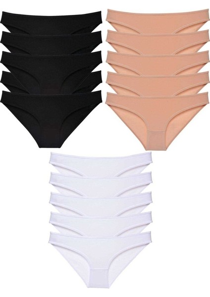 15 adet Süper Eko Set Likralı Kadın Slip Külot Siyah Ten Beyaz