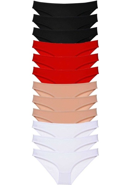 12 adet Süper Eko Set Likralı Kadın Slip Külot Siyah Kırmızı Ten Beyaz