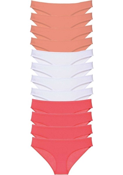 12 adet Süper Eko Set Likralı Kadın Slip Külot Pudra Beyaz Fuşya