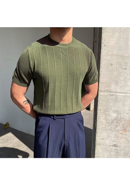 Füme-Haki-Gri 3'lü Erkek Yuvarlak Yaka Örme T-Shirt