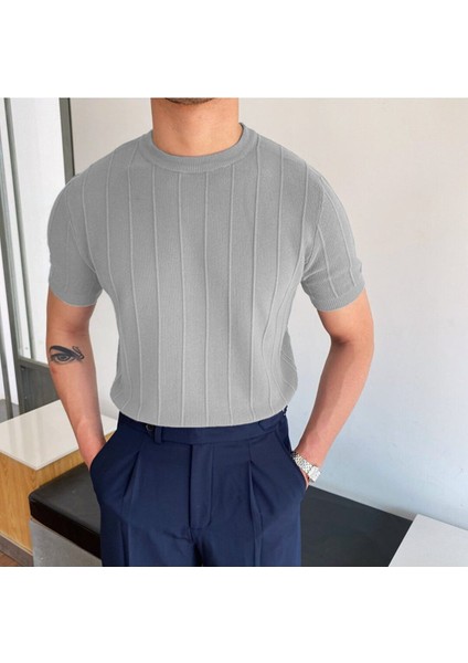 Füme-Haki-Gri 3'lü Erkek Yuvarlak Yaka Örme T-Shirt