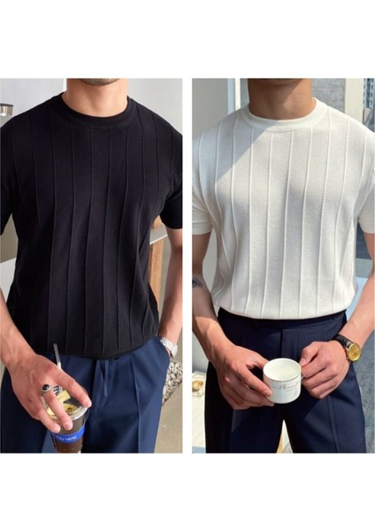 Siyah-Beyaz 2'li Erkek Yuvarlak Yaka Örme T-Shirt