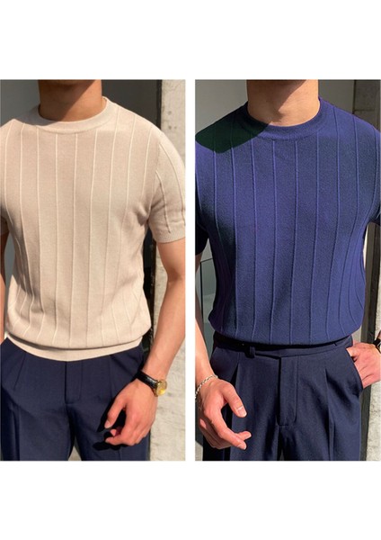 Vizon-Lacivert 2'li Erkek Yuvarlak Yaka Örme T-Shirt