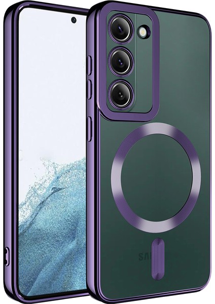 Samsung Galaxy S23 Plus Uyumlu Kılıf Magsafe Wireless Şarj Destekli Kamera Korumalı Şeffaf Kenarları Renkli Setro Kapak Mor