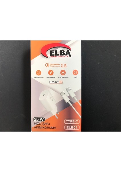ELB04-PD-25WTYPC Beyaz 25W Usb-C Ev Şarj Kafa+1mt Type-C To Type-C Kablo Pd3.0-Qc4.0 Hızlı Ş