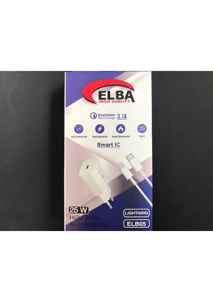 ELB05-PD-25WIOS Beyaz 25W Usb-C Ev Şarj Kafa+1mt Type-C To Lightnıng Kablo Pd3.0-Qc4.0 Hızlı Ş
