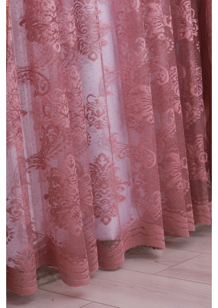 Damaks Osmanlı Desen Pembe-Gül Kurusu Örme Kırışmayan Pilesiz Tül Perde fiyatları