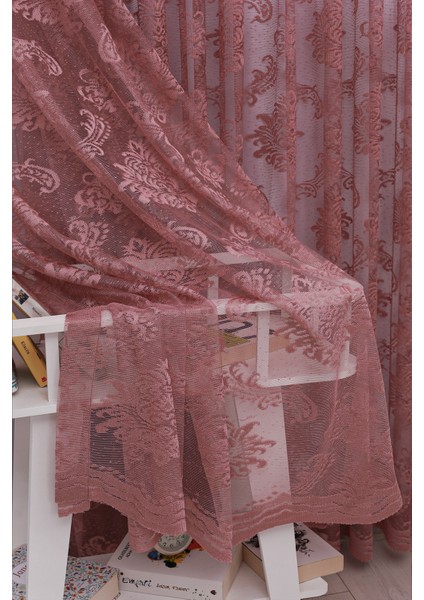 Damaks Osmanlı Desen Pembe-Gül Kurusu Örme Kırışmayan Pilesiz Tül Perde indirimleri