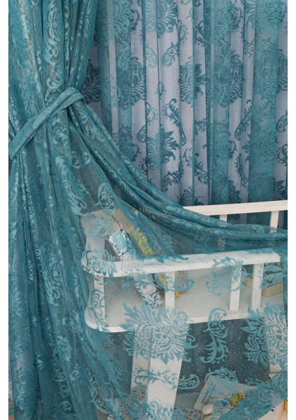 Damaks Osmanlı Desen Petrol Mavisi-Turkuaz Örme Kırışmayan Pilesiz Tül Perde modelleri