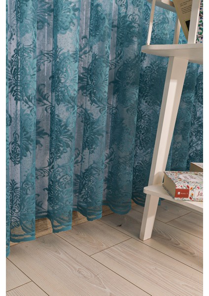 Damaks Osmanlı Desen Petrol Mavisi-Turkuaz Örme Kırışmayan Pilesiz Tül Perde fiyatları