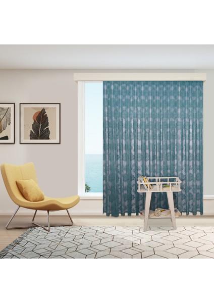 Damaks Osmanlı Desen Petrol Mavisi-Turkuaz Örme Kırışmayan Pilesiz Tül Perde