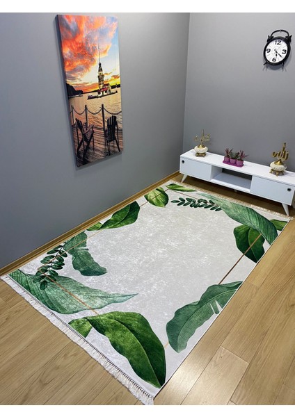 Yeşil Püskül Detaylı Dijital Baskı Salon Halısı Yıkanabilir Kaymaz Taban Halı Yolluk