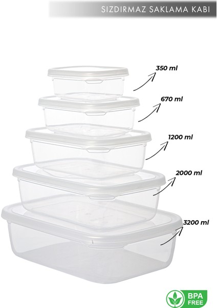 Aes Home Nare Dikdörtgen Sızdırmaz Hava Almaz Erzak Saklama Kabı Şeffaf 0,35 Lt - 0,67 Lt - 1,20 Lt - 2.00 Lt - 3,20 Lt (5'li Set)
